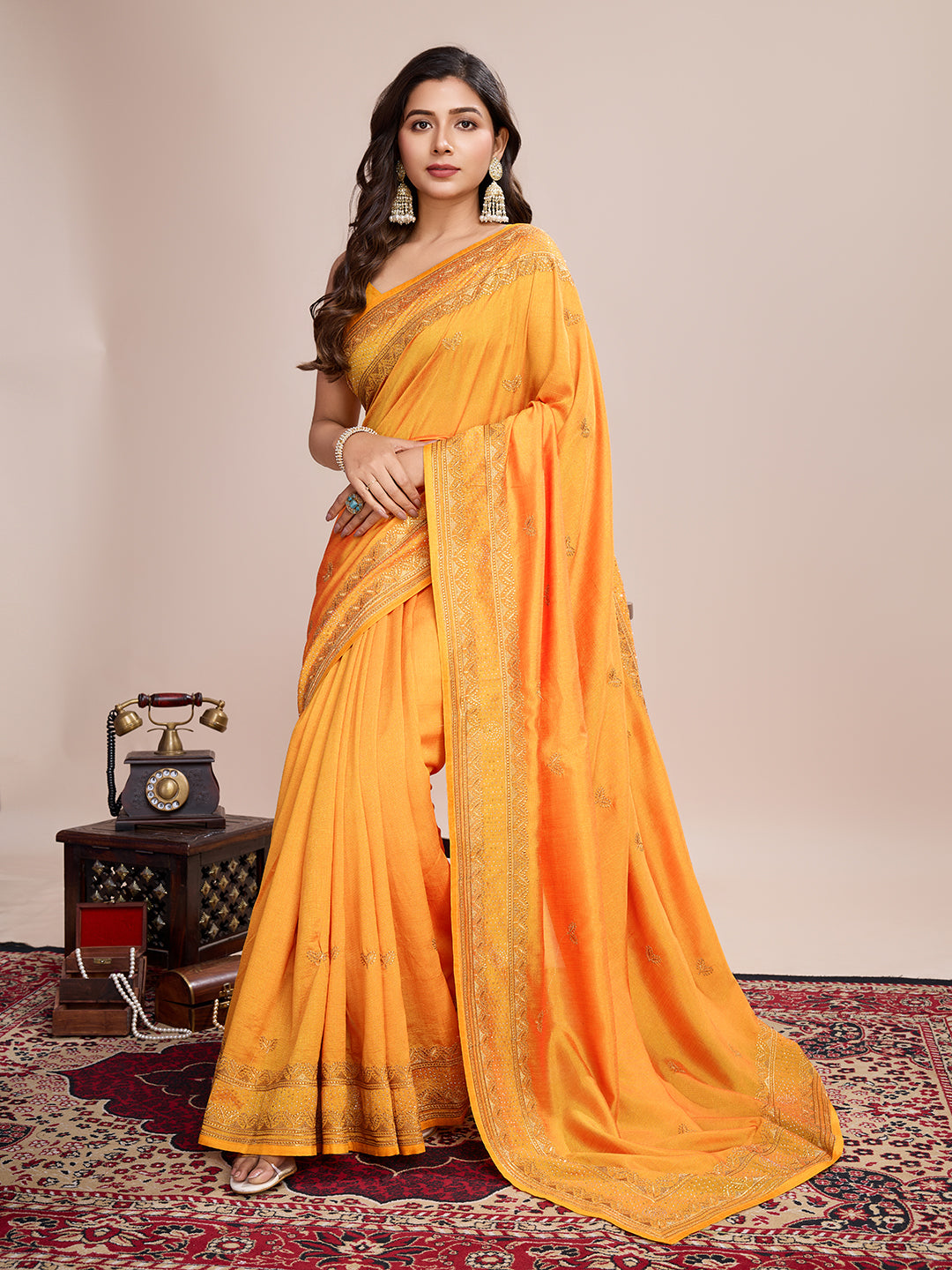 Vedant Vastram Vichitra Silk Embroidered Work Saree - Mustard - Distacart