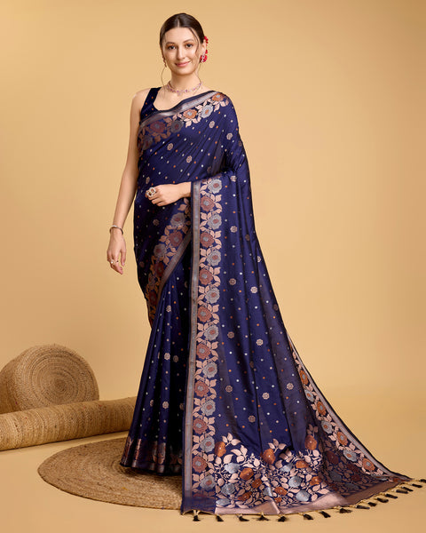 Vedant Vastram Soft Litchi Silk Banarasi Silk Saree - Navy - Distacart