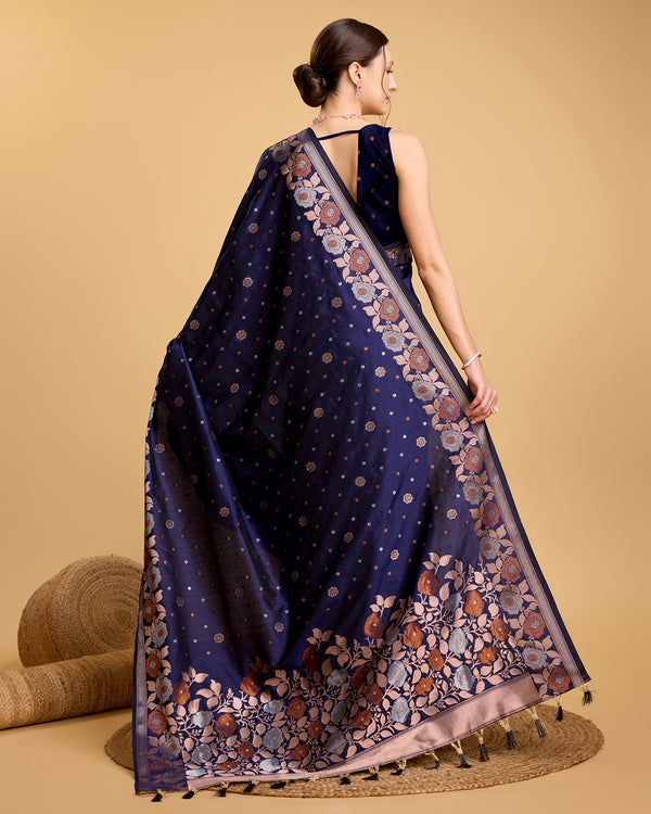 Vedant Vastram Soft Litchi Silk Banarasi Silk Saree - Navy - Distacart