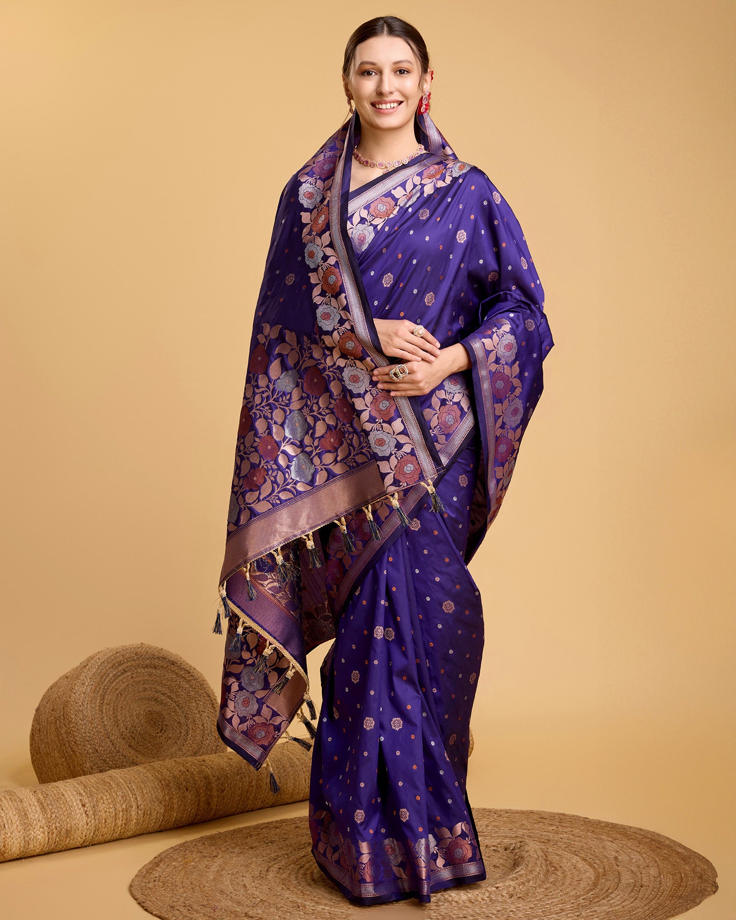 Vedant Vastram Soft Litchi Silk Banarasi Silk Saree - Violet - Distacart