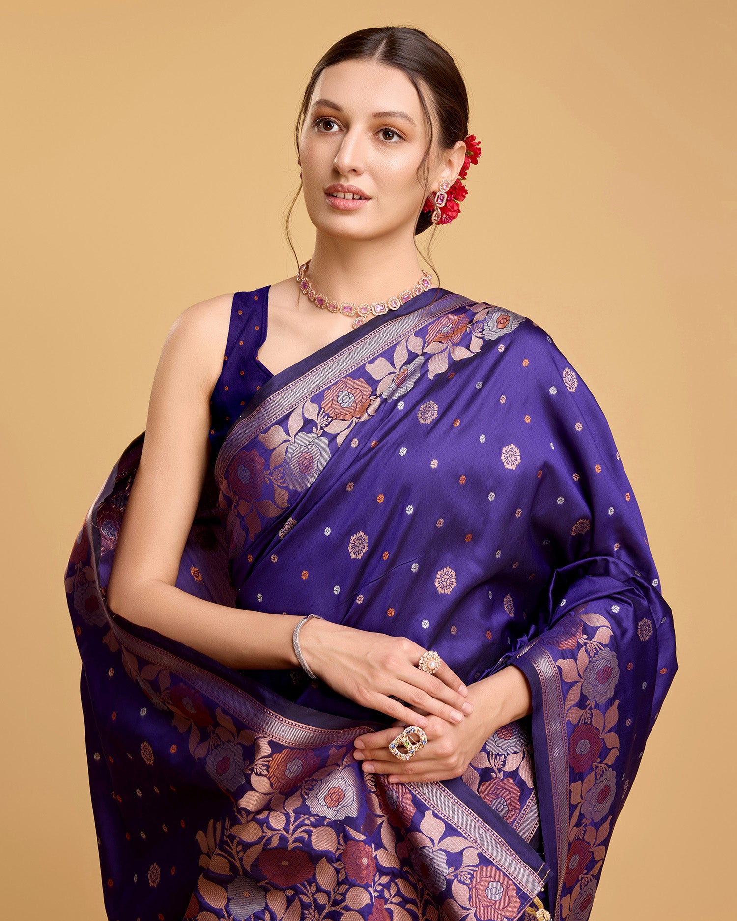 Vedant Vastram Soft Litchi Silk Banarasi Silk Saree - Violet - Distacart