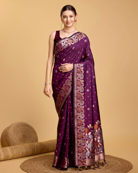 Vedant Vastram Soft Litchi Silk Banarasi Silk Saree - Wine - Distacart