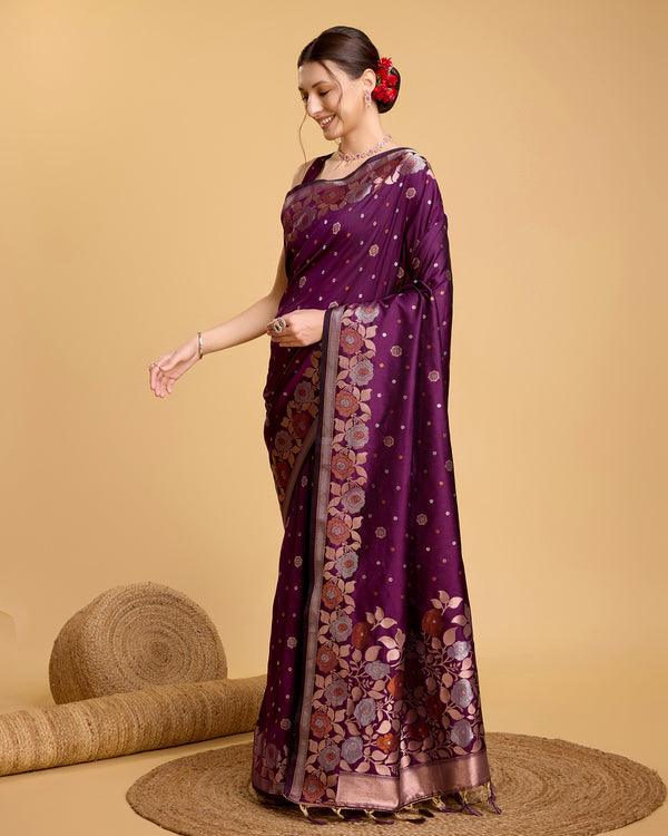 Vedant Vastram Soft Litchi Silk Banarasi Silk Saree - Wine - Distacart