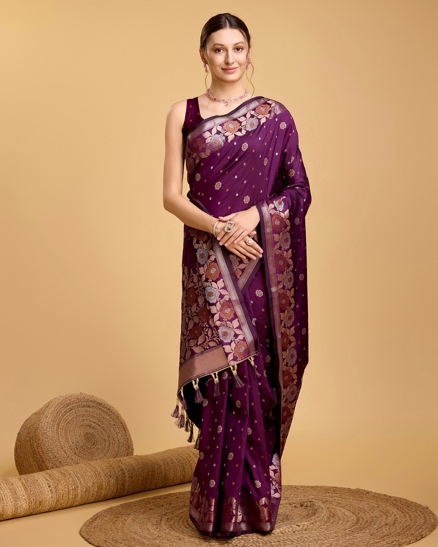 Vedant Vastram Soft Litchi Silk Banarasi Silk Saree - Wine - Distacart