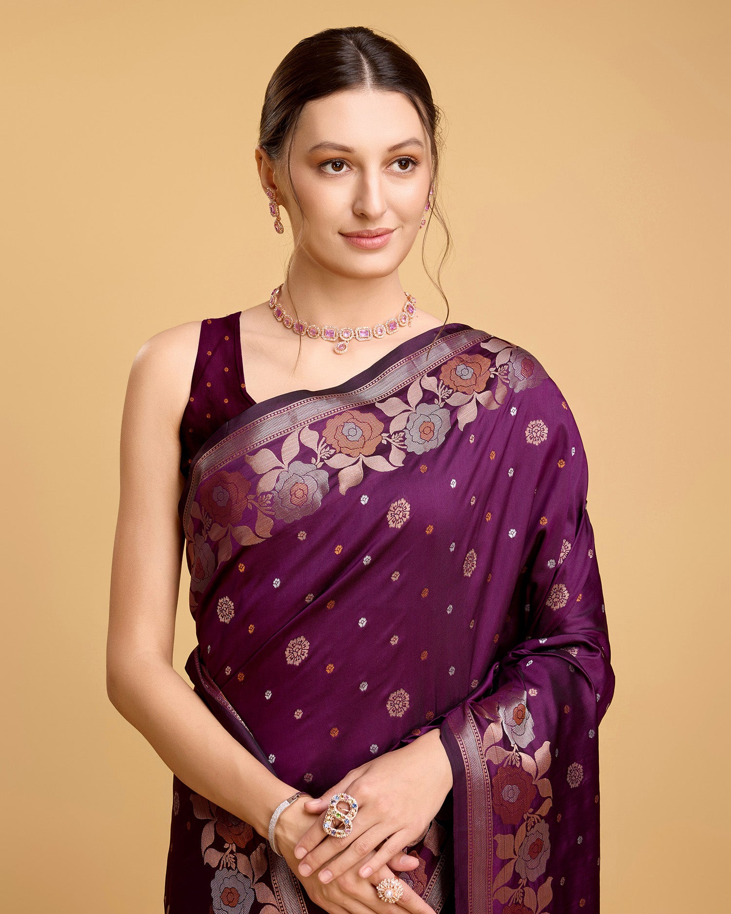 Vedant Vastram Soft Litchi Silk Banarasi Silk Saree - Wine - Distacart