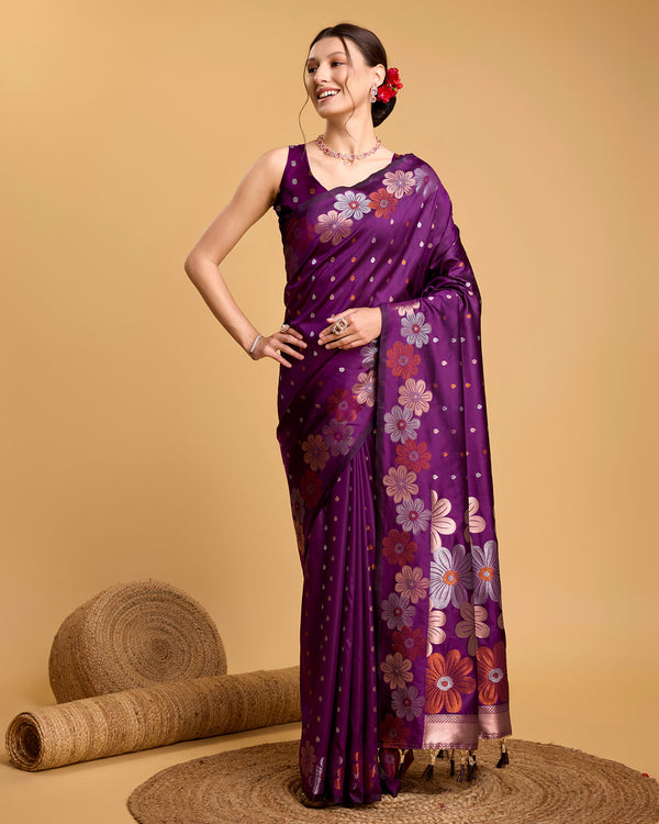 Vedant Vastram Soft Litchi Silk Banarasi Silk Saree - Wine - Distacart