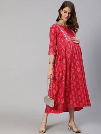 Thumbnail for Anubhutee Fuchsia Pink Ethnic Motifs Maternity A-Line Midi Dress - Distacart