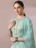 Thumbnail for Myshka Women's Sea Green Solid Straight Party Kurta Set With Dupatta - Distacart
