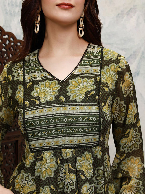 Vishudh Floral Printed V-Neck Lace & Gathered Detail A-Line Kurta - Distacart