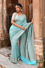 Thumbnail for Joban Fashion Teal Green Crepe Chiffon Pure Handloom Banarasi Silk Saree