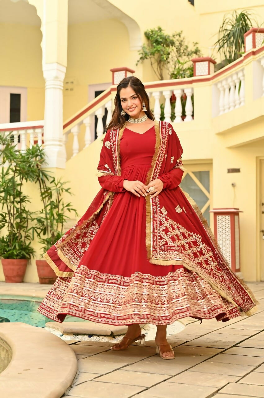 Teeya Creation Red Color Faux Georgette Wedding Wear Embroidery Work Long Gown