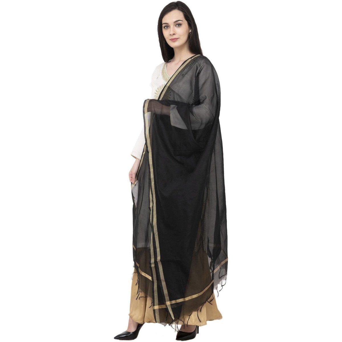 A R SILK Chanderi Piping Regular Dupatta Black Color Dupatta or Chunni