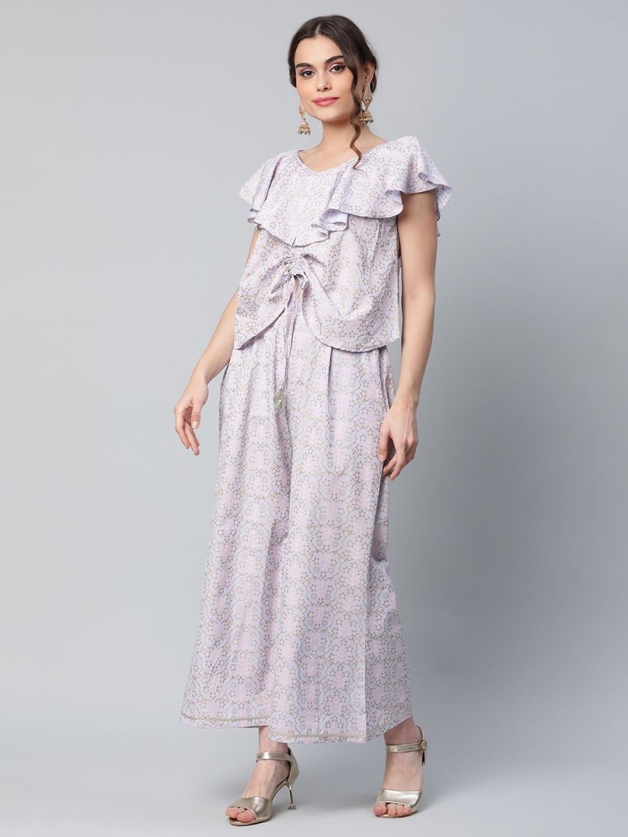Ahalyaa Women Powder Blue Crepe Khari Printed Top with Palazzo Set - Distacart