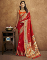 Thumbnail for Vastranavya Red Soft Paithani Silk Saree With Gold Zari Weaving Motifs With Matching Blouse Fabric - Distacart