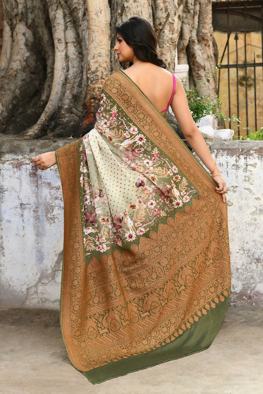 Joban Fashion Olive Green And Ivory Pure Crepe Pure Handloom Banarasi Silk Saree