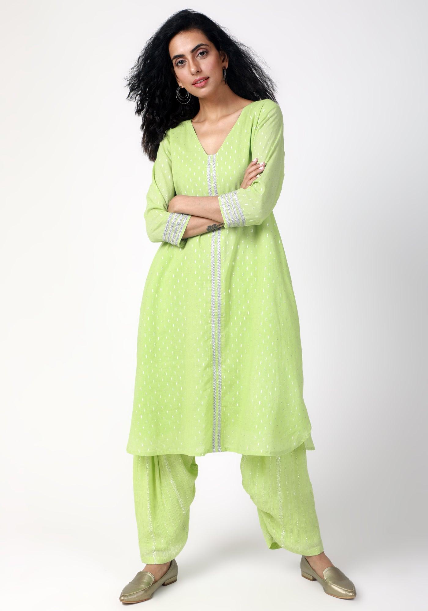 trueBrowns Green Silver Laced Kurta- Ruffled Pant - Distacart