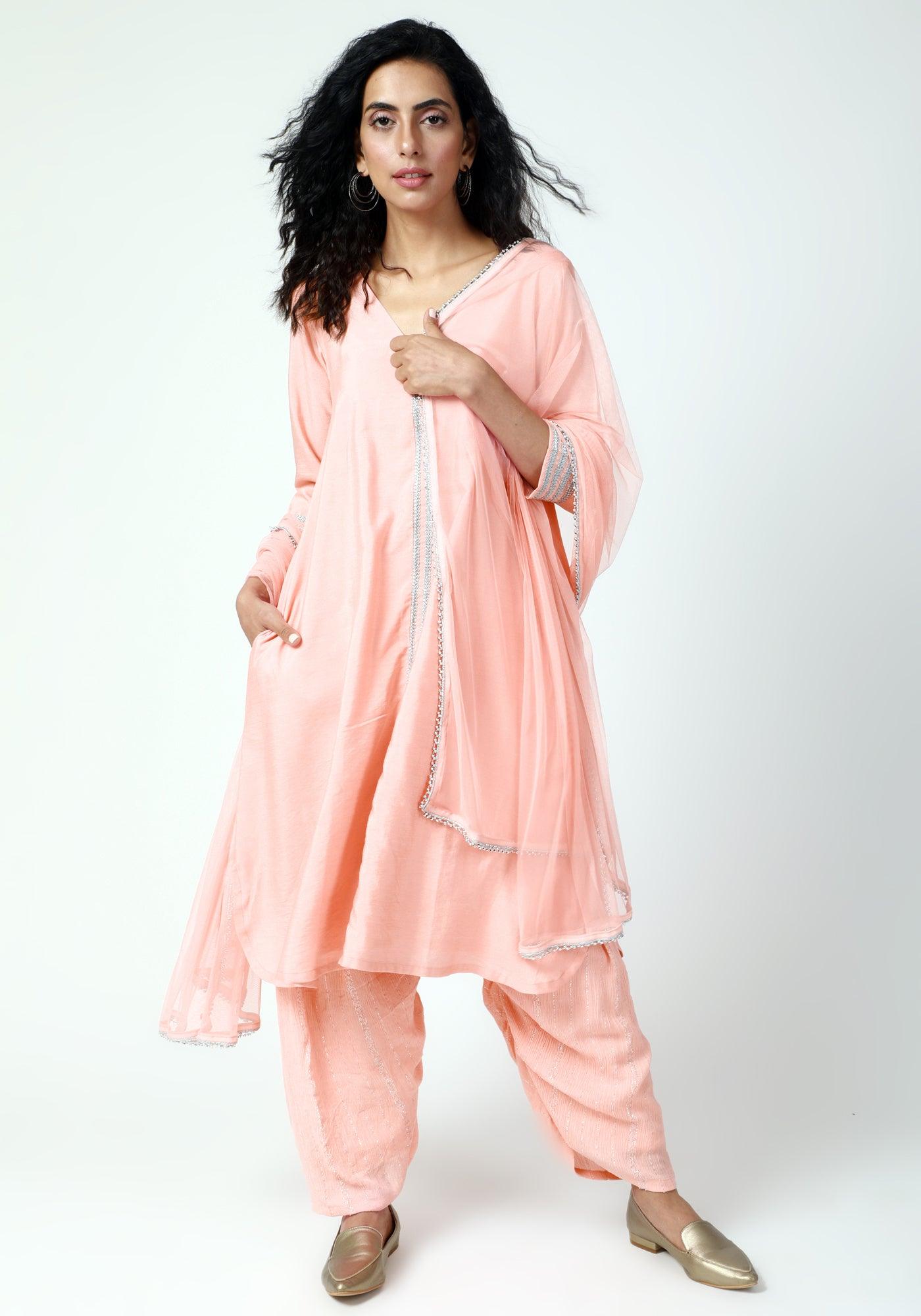 trueBrowns Peach Laced Kurta-Ruffled Pant-Dupatta - Distacart
