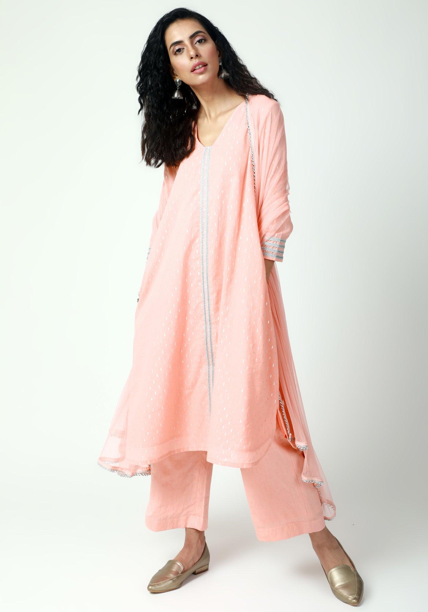 trueBrowns Peach Silver Laced Kurta-Pant-Dupatta - Distacart