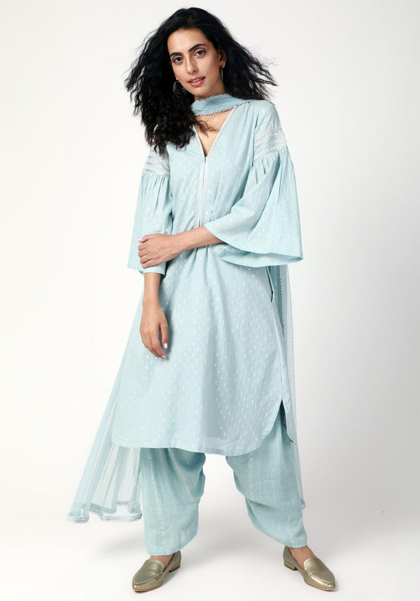 trueBrowns Blue Silver Laced Kurta- Ruffled Pant-Dupatta - Distacart
