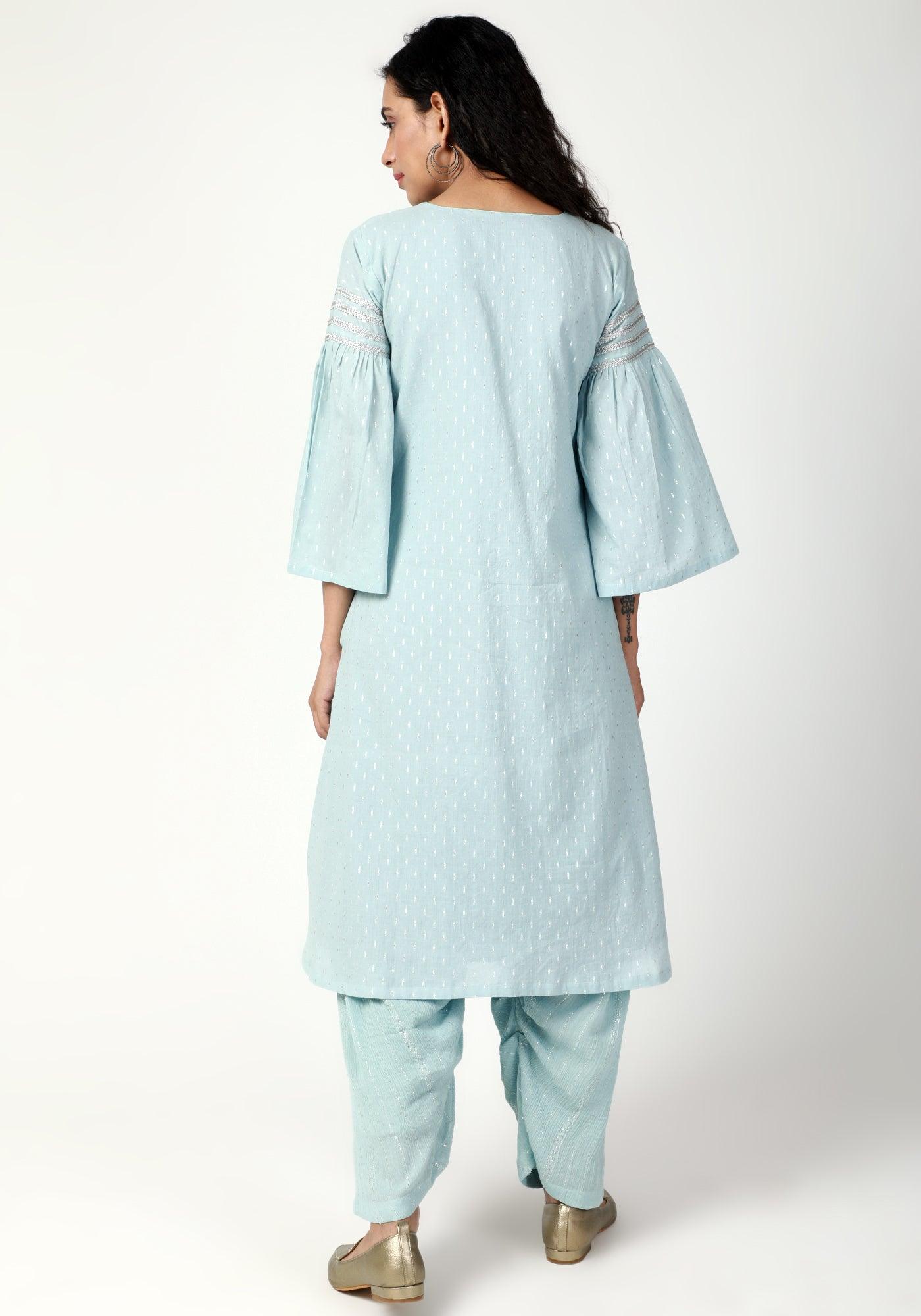 trueBrowns Blue Silver Laced Kurta- Ruffled Pant-Dupatta - Distacart