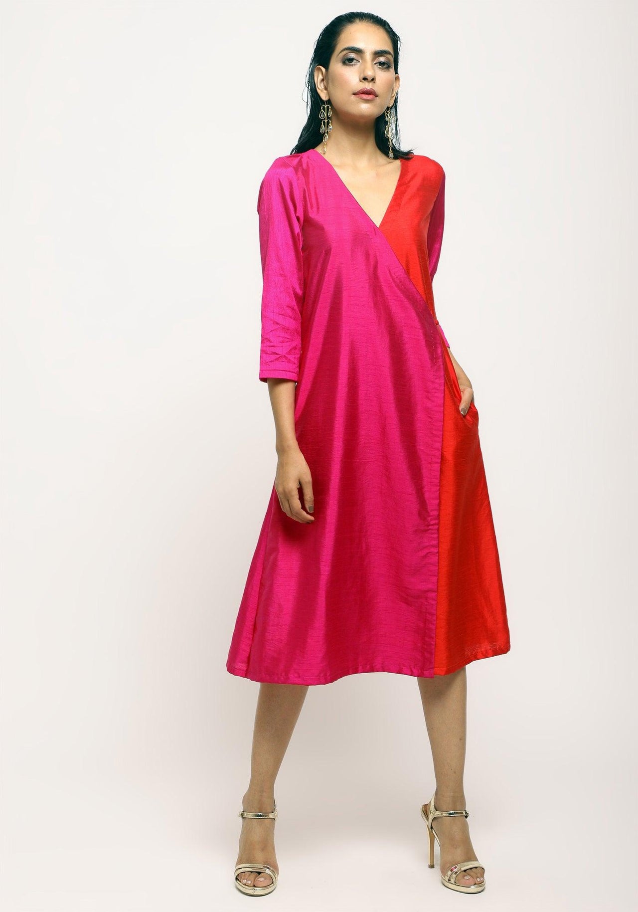 trueBrowns Pink Contrast Overlap Dress - Distacart