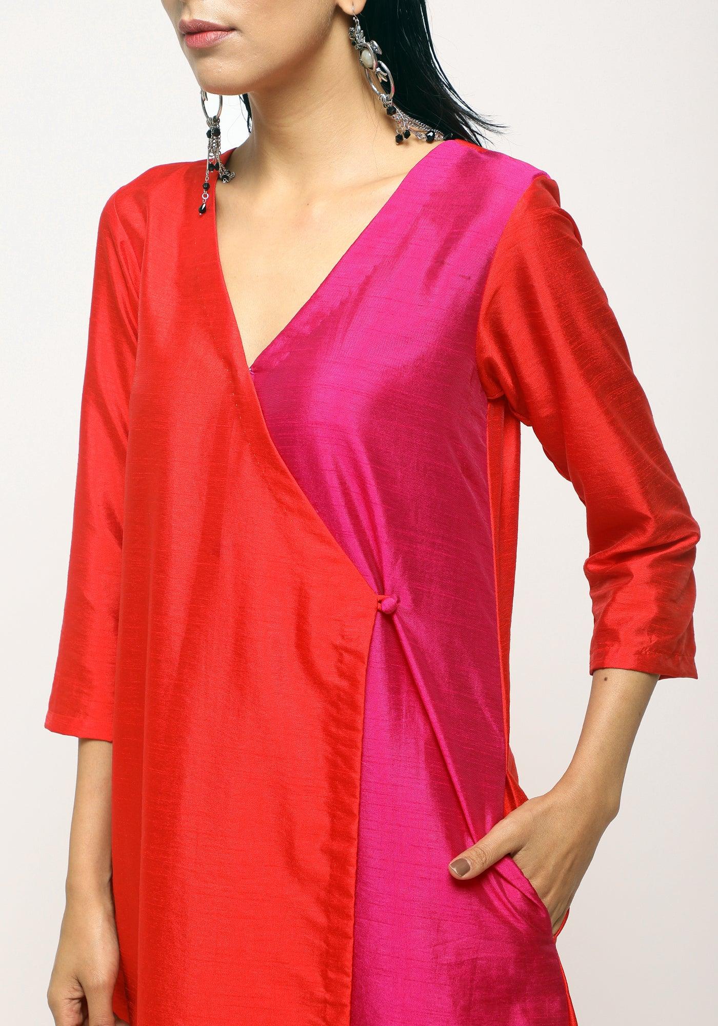 trueBrowns Orange Contrast Overlap Dress - Distacart