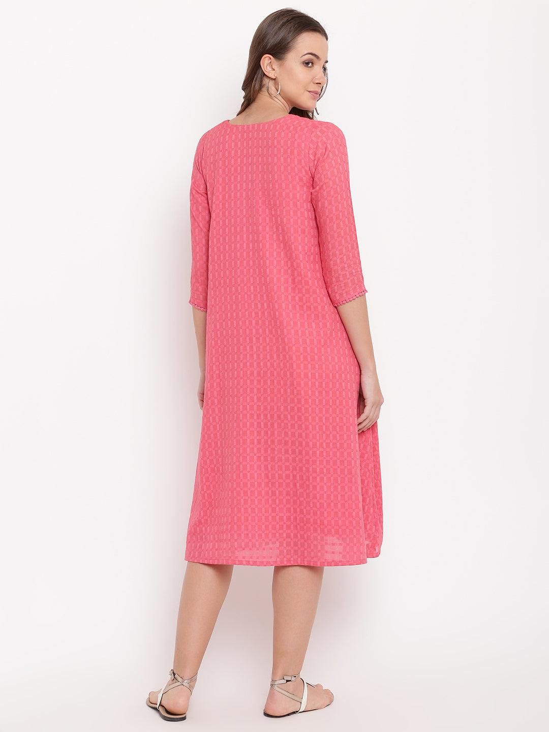trueBrowns Brick Pink Dobby Grid Flared Dress - Distacart