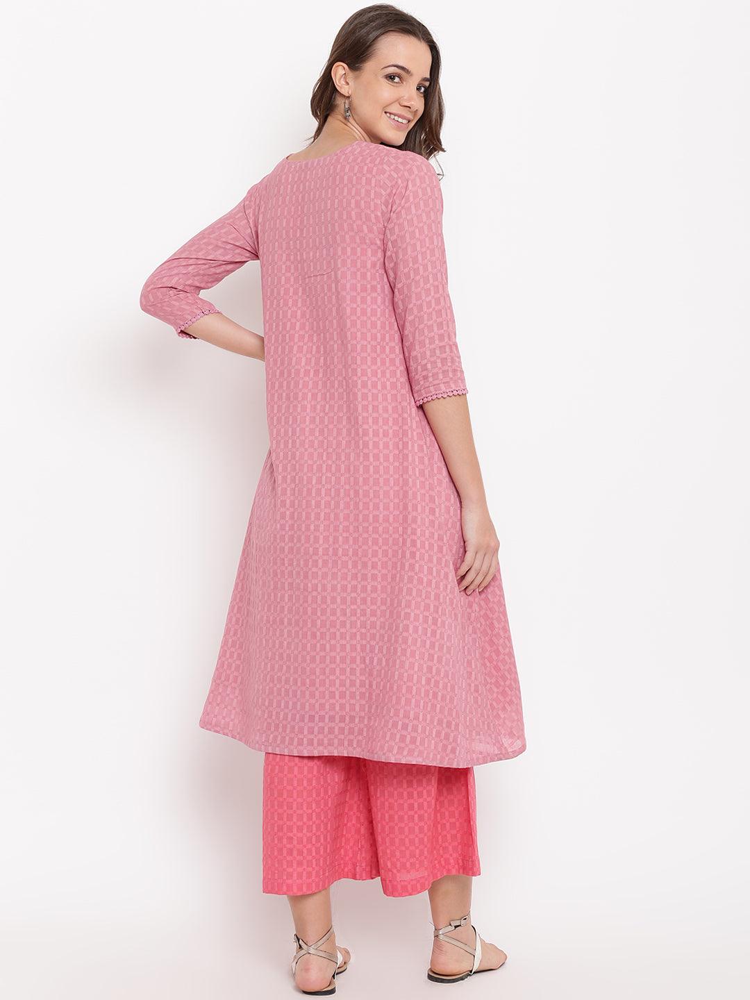 trueBrowns Pink Grid Dobby Kurta-Contrast Palazzo - Distacart