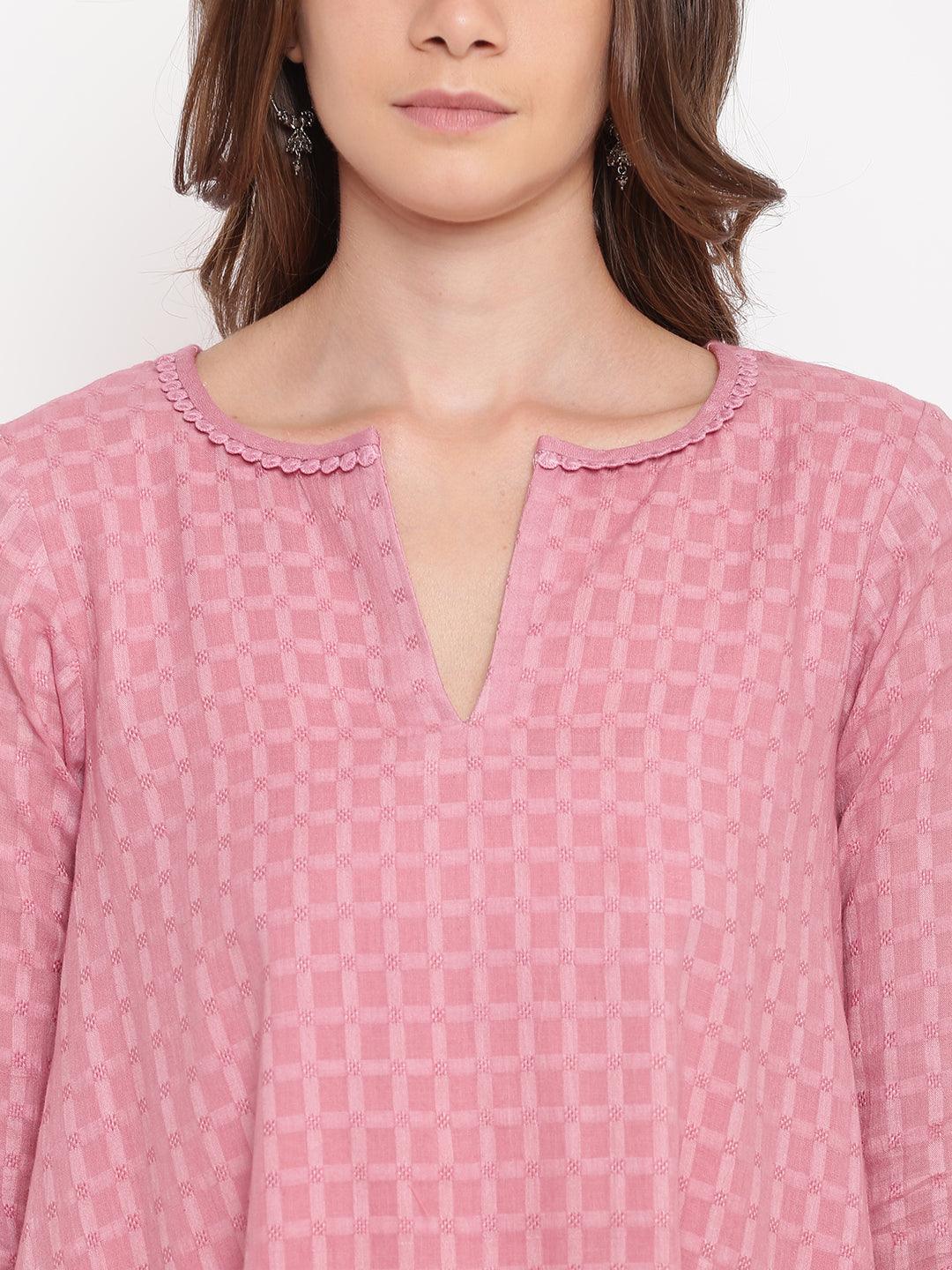 trueBrowns Pink Grid Dobby Kurta-Contrast Palazzo - Distacart