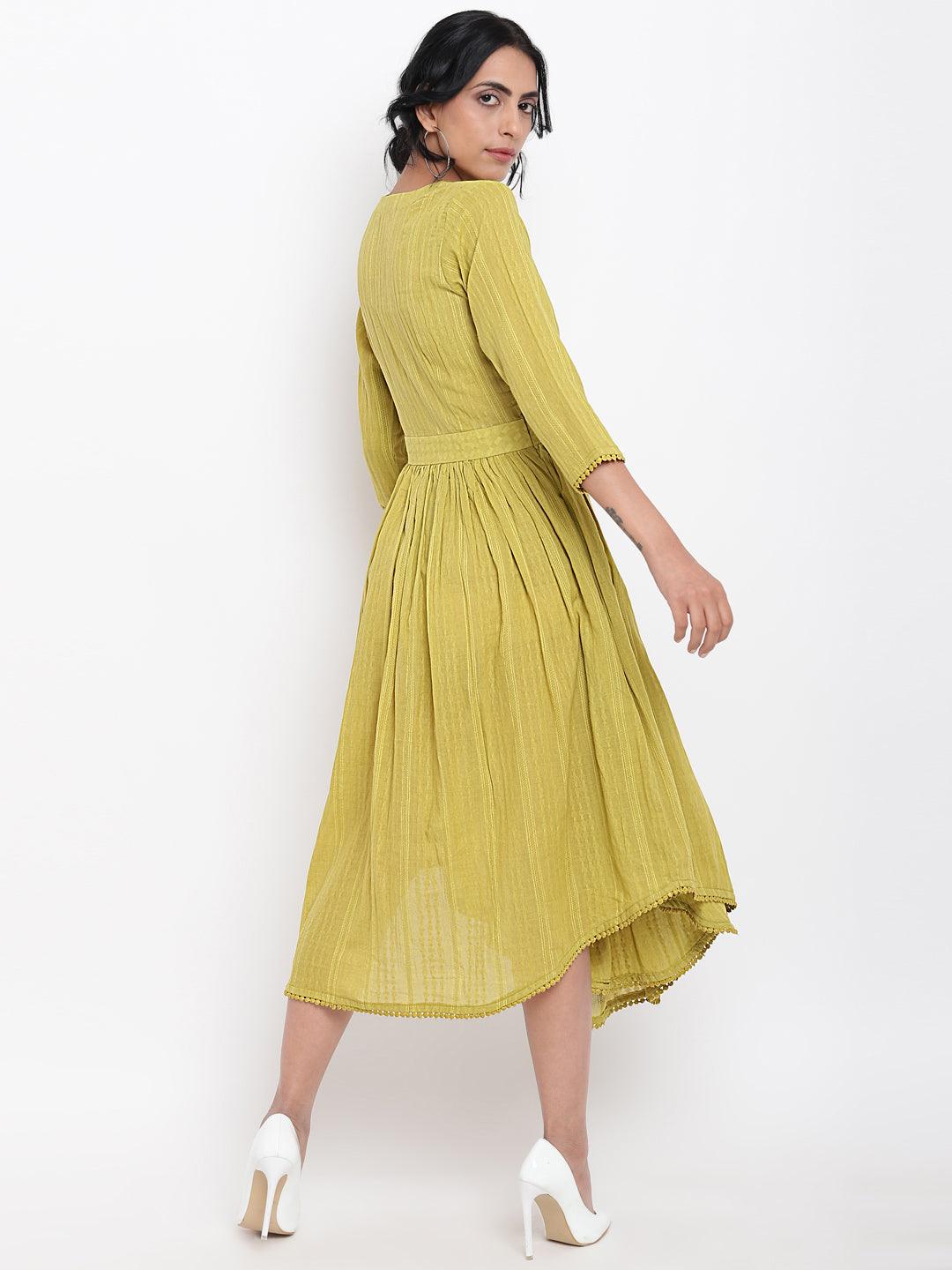 trueBrowns Cotton Overlap Flare Dress - Green - Distacart