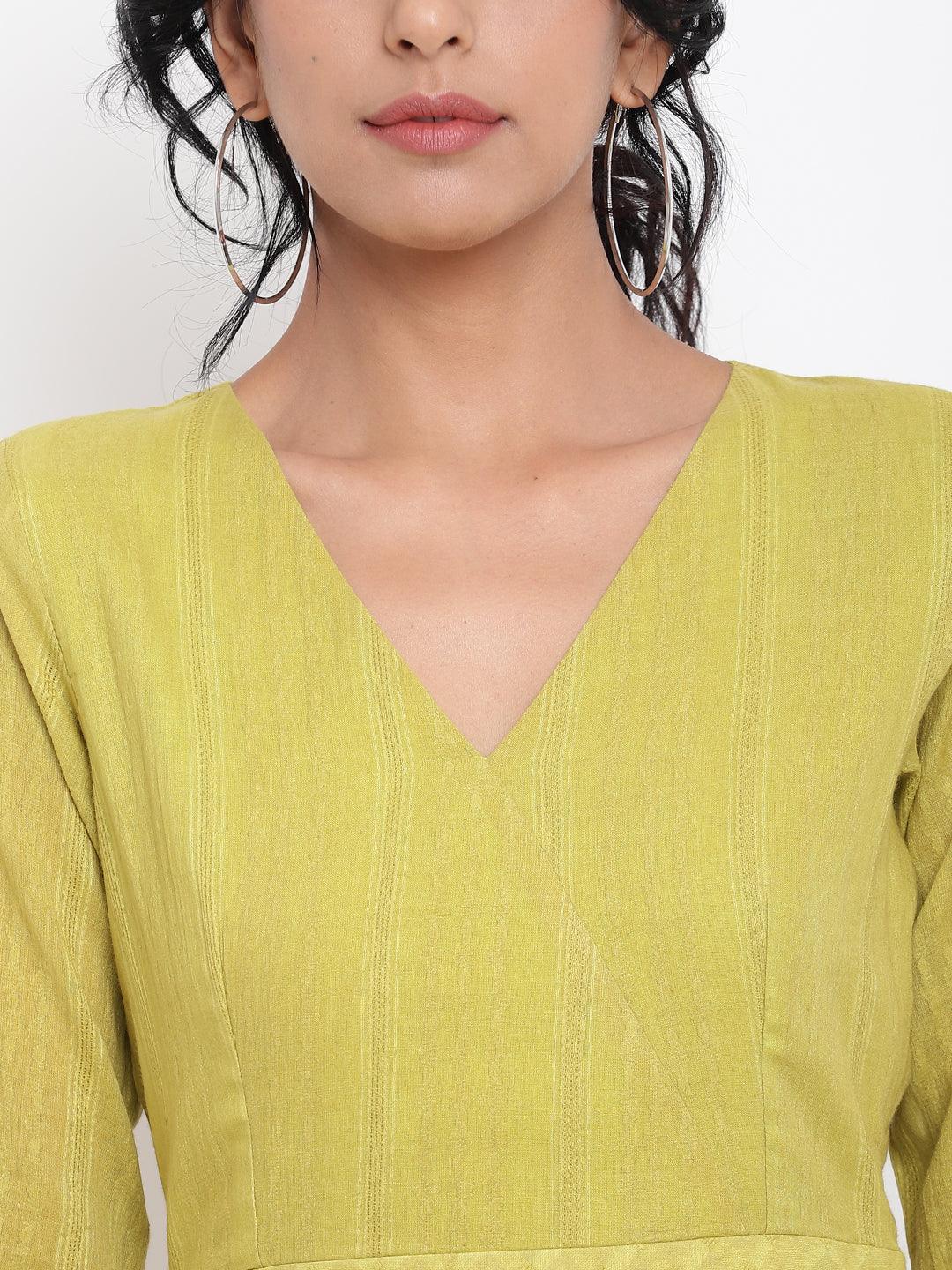 trueBrowns Cotton Overlap Flare Dress - Green - Distacart