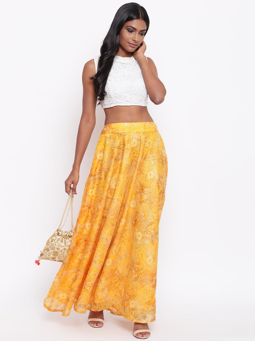 trueBrowns Yellow Foil Organza Skirt - Distacart
