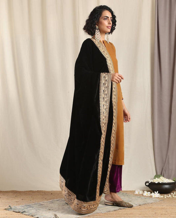 trueBrowns Black Velvet Embroidered Lace Shawl - Distacart