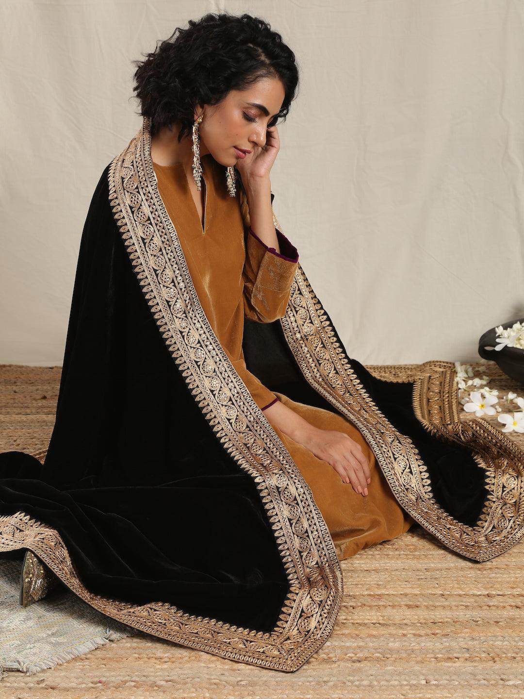 trueBrowns Black Velvet Embroidered Lace Shawl - Distacart