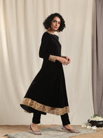 Thumbnail for trueBrowns Black Velvet Flared Embroidered Kurta - Distacart