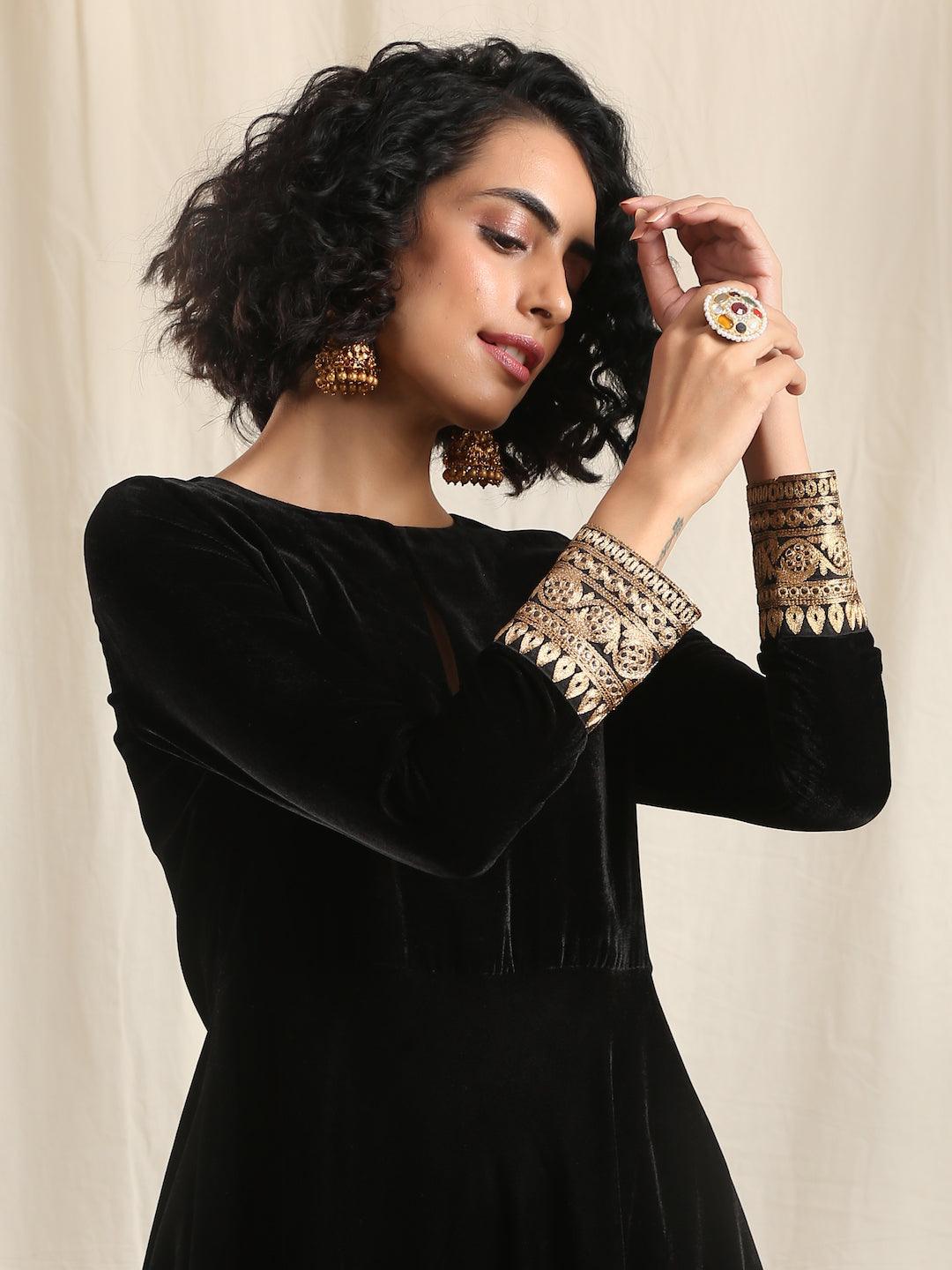 trueBrowns Black Velvet Flared Embroidered Kurta - Distacart