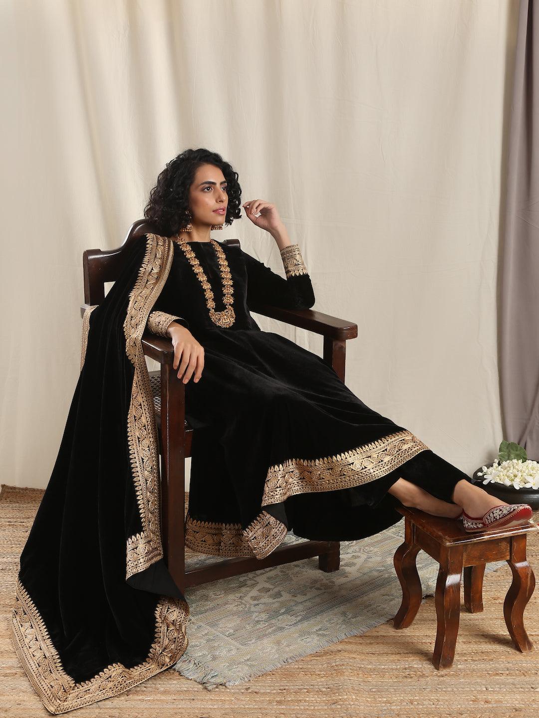 trueBrowns Black Velvet Flared Embroidered Kurta - Distacart