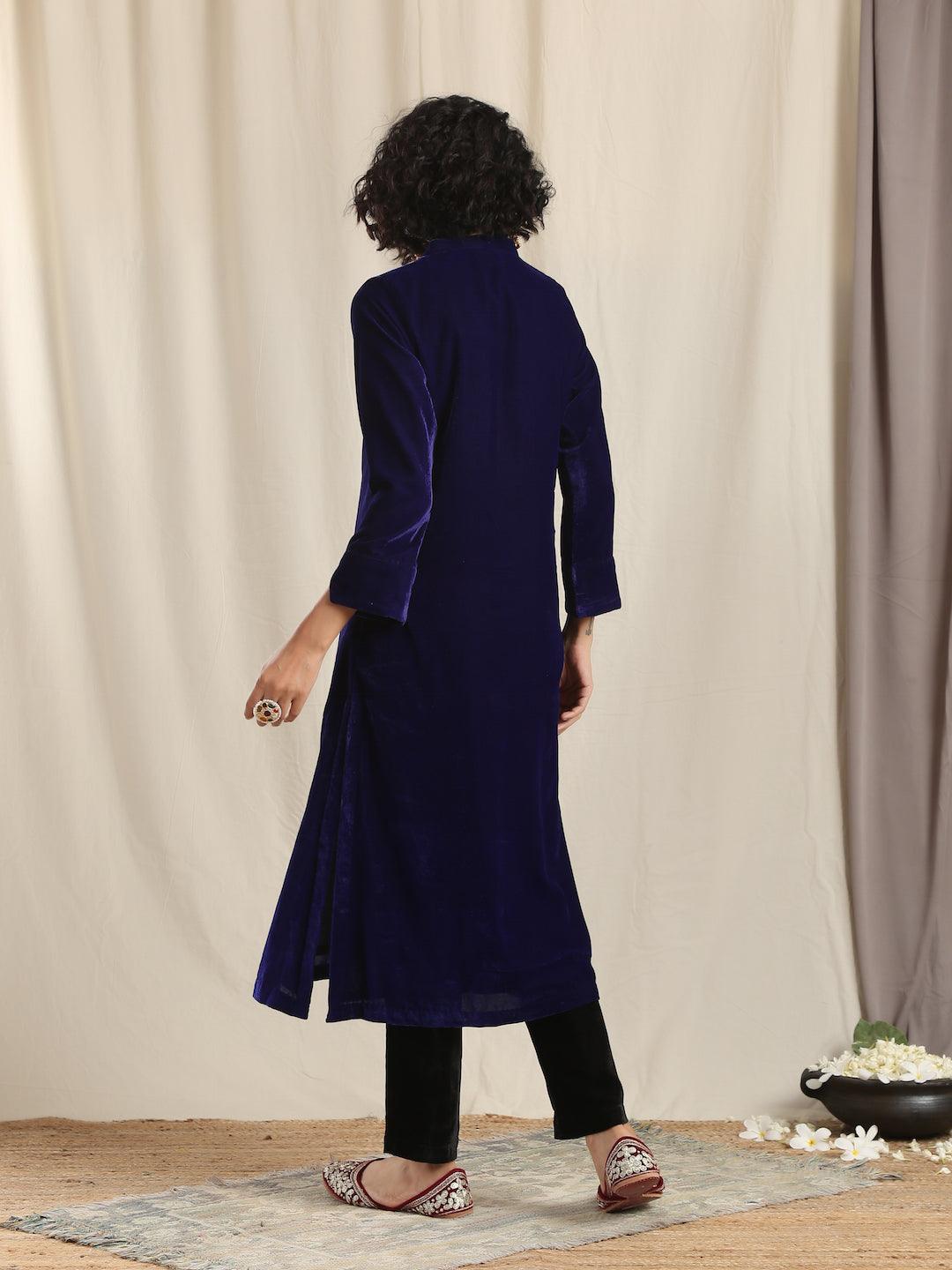 trueBrowns Blue Velvet Slit Kurta - Distacart