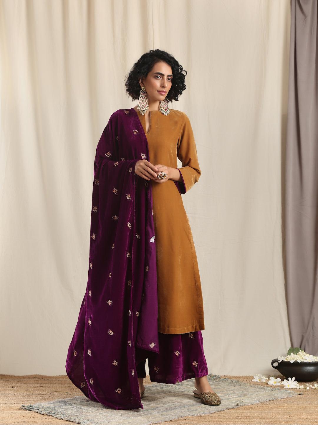 trueBrowns Brown Velvet Slit Kurta - Distacart