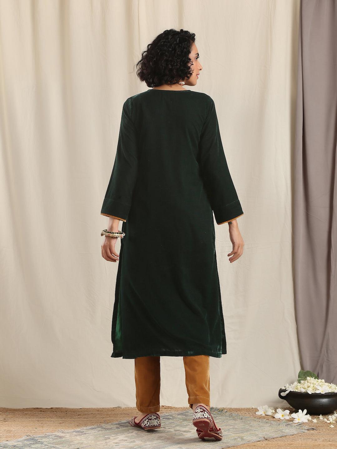 trueBrowns Green Velvet Slit Kurta - Distacart