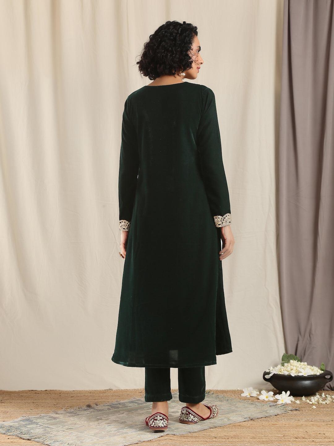 trueBrowns Green Velvet Flared Gota Kurta - Distacart