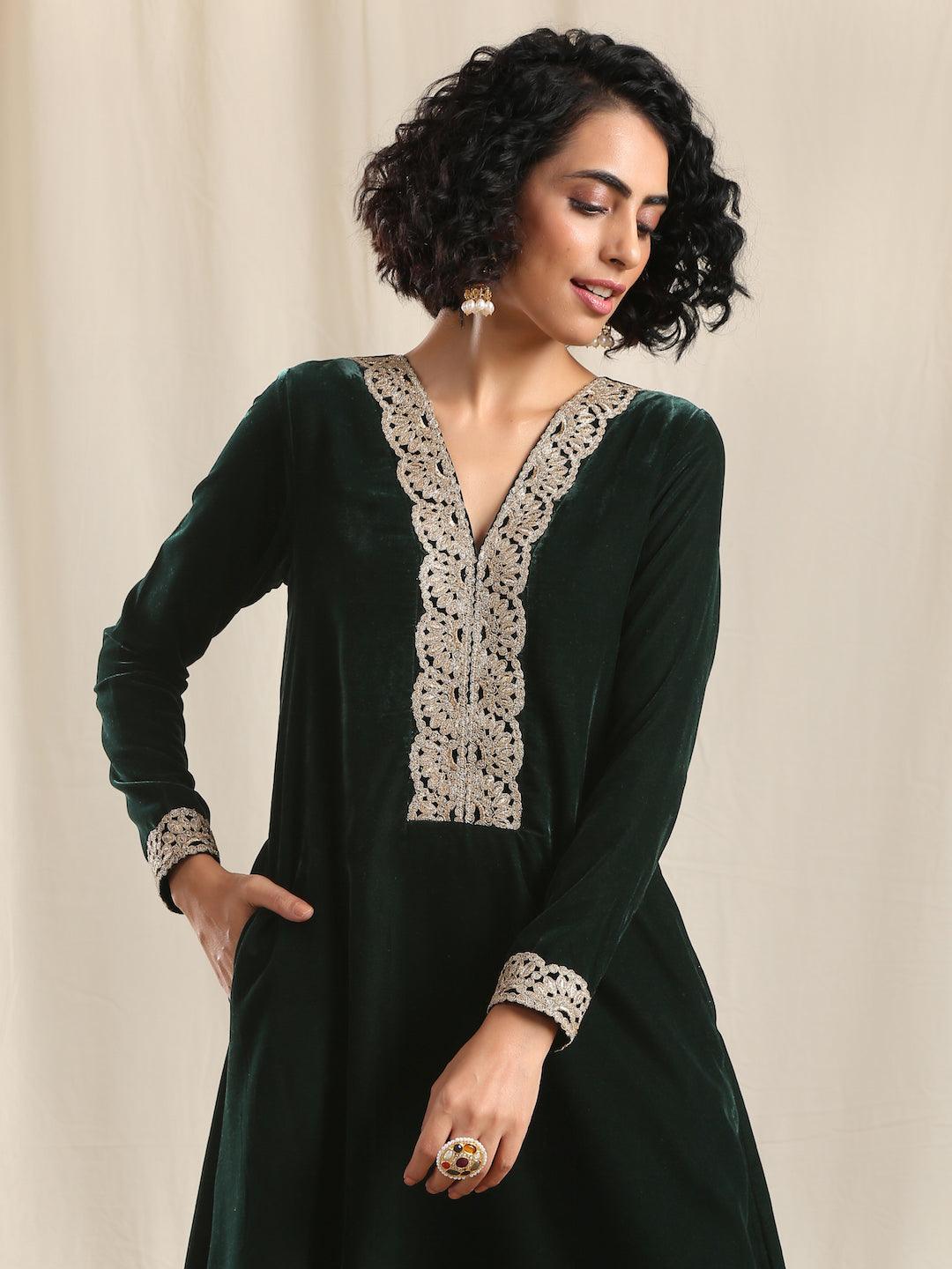 trueBrowns Green Velvet Flared Gota Kurta - Distacart