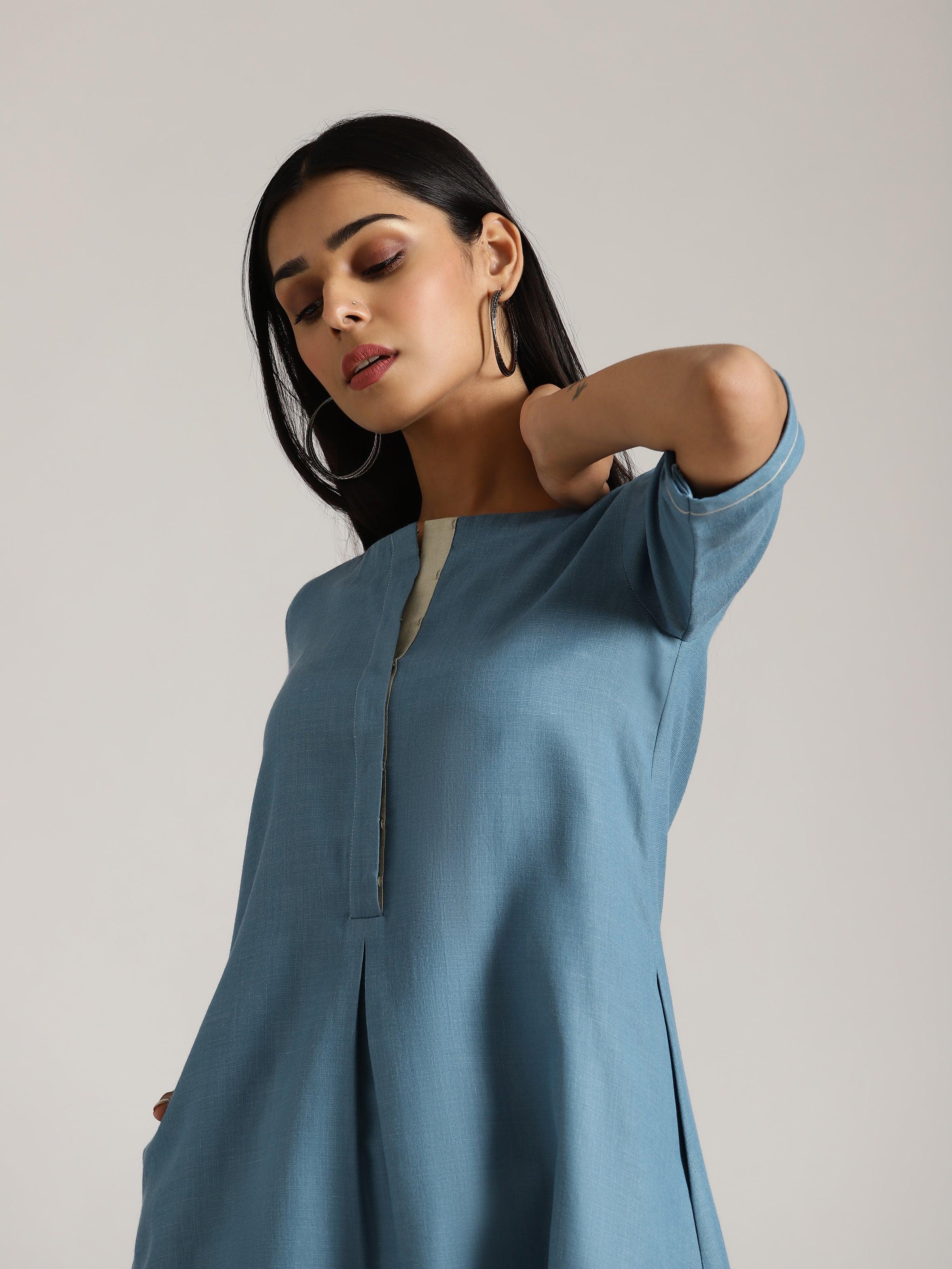 trueBrowns Cotton Linen Steel Blue Kurta Pant Set - Distacart