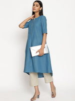 Thumbnail for trueBrowns Cotton Linen Steel Blue Kurta Pant Set - Distacart