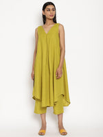 Thumbnail for trueBrowns Cotton Linen Lime Green Sleeveless Flared Kurta Pant Set | Relove - Distacart