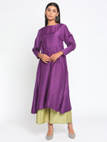 Thumbnail for trueBrowns Silk Purple Gathered Sleeve Flared Kurta Palazzo Set - Distacart