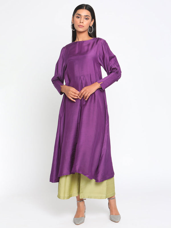 trueBrowns Silk Purple Gathered Sleeve Flared Kurta Palazzo Set - Distacart