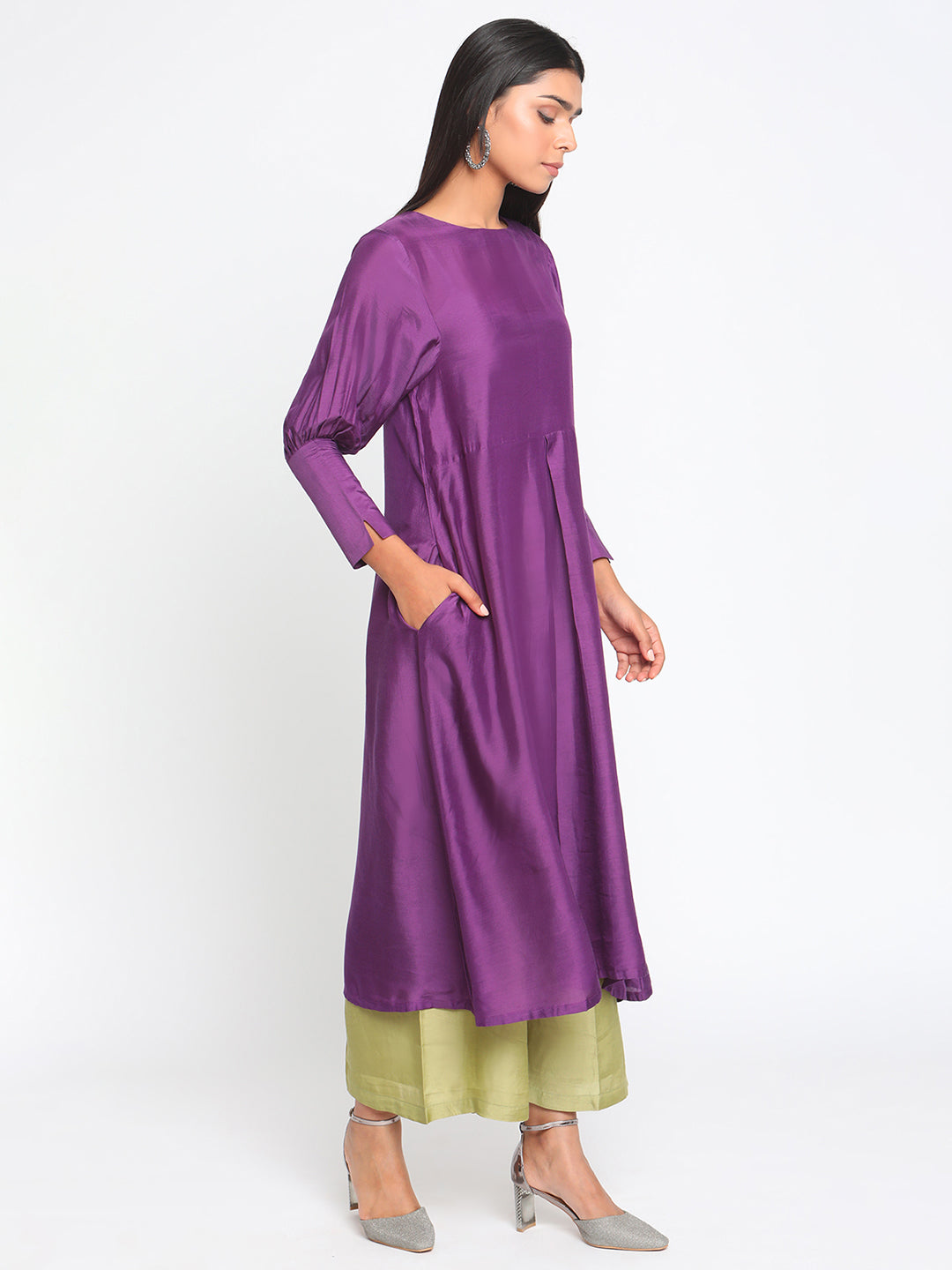 trueBrowns Silk Purple Gathered Sleeve Flared Kurta Palazzo Set - Distacart
