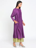 Thumbnail for trueBrowns Silk Purple Gathered Sleeve Flared Kurta Palazzo Set - Distacart