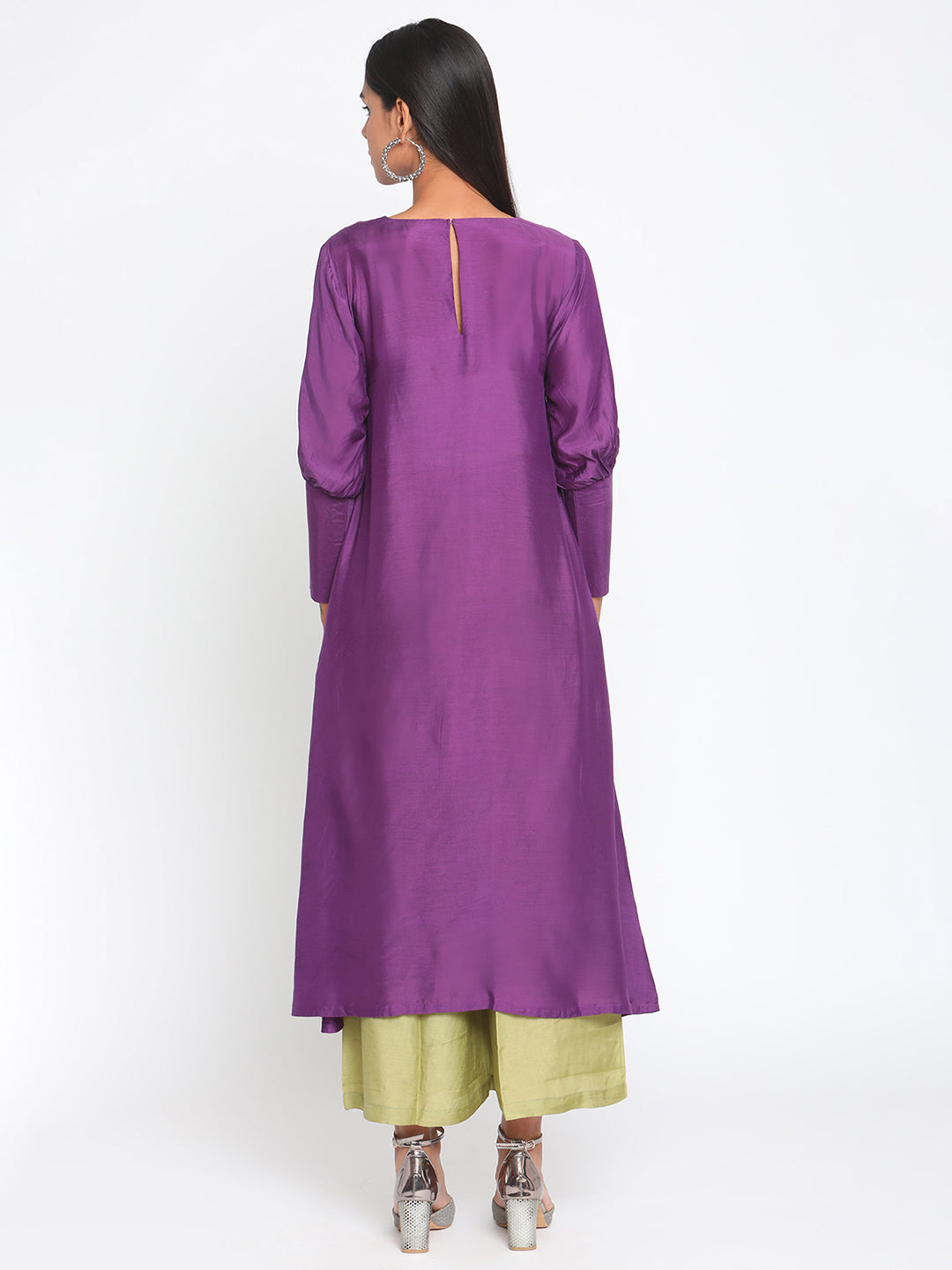trueBrowns Silk Purple Gathered Sleeve Flared Kurta Palazzo Set - Distacart